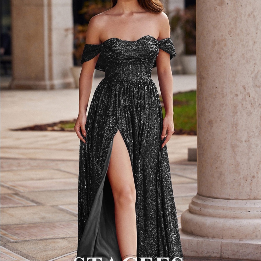 Stacees A-line Sweetheart Sweep Train Sequined Dress with Pleated Split